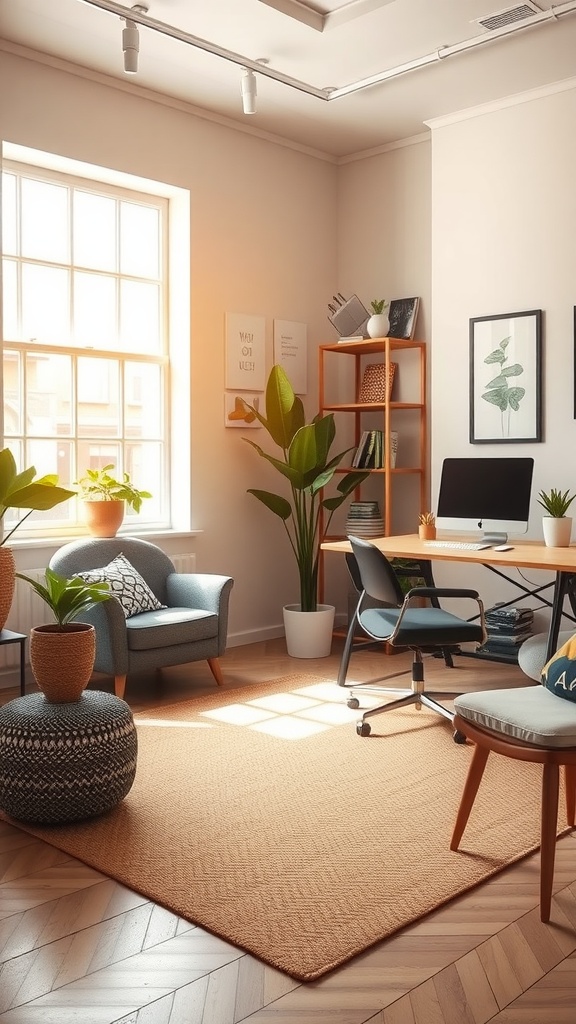 A cozy office with natural lighting, featuring a natural fiber accent rug, plants, and modern furniture.