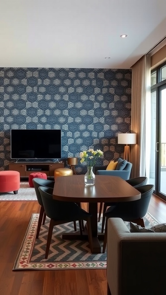 A living room and dining room combo featuring a patterned statement wall, a wooden dining table, colorful ottomans, and modern furnishings.