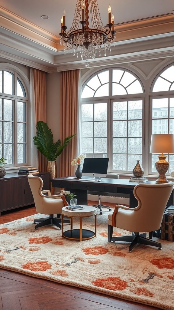 A luxurious home office featuring large windows, a wooden desk, elegant chairs, a floral rug, and indoor plants.