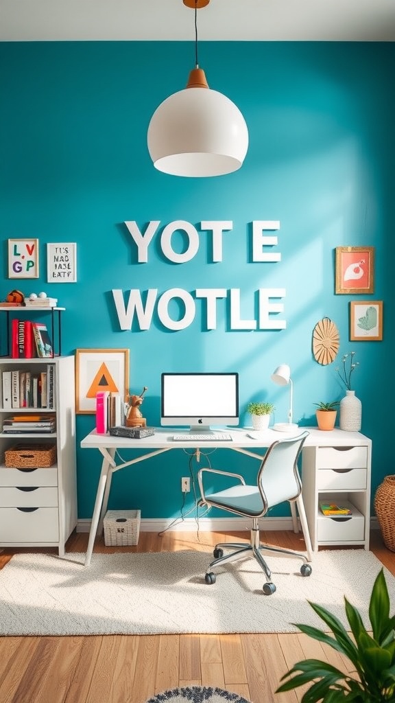 A bright home office with a teal wall, modern furniture, playful decor, and a cozy atmosphere.