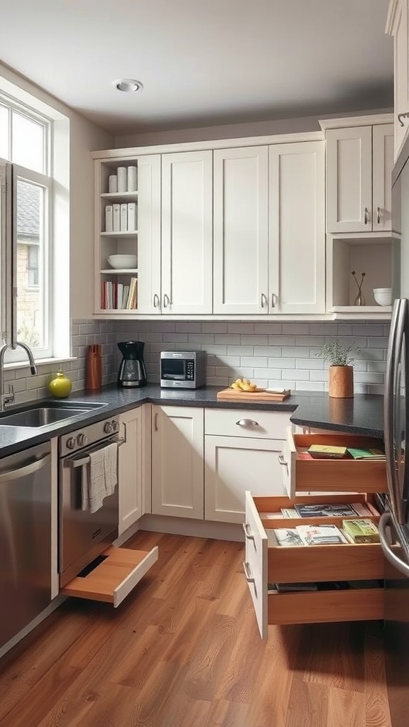 A U-shaped kitchen featuring white cabinets, a sink, a stove, and organized drawers