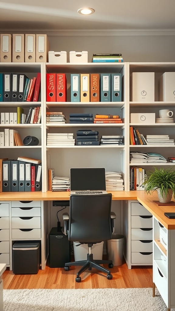 A well-organized home office with shelves full of books, files, and storage boxes next to a sleek desk and a plant.