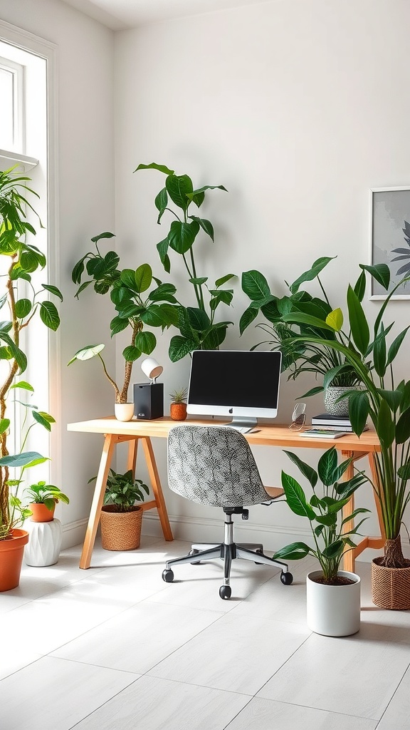A bright home office with a wooden desk surrounded by various indoor plants.