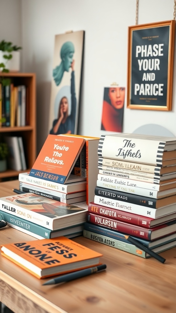 A cozy wooden desk with a variety of colorful books stacked, reflecting personal interests, in a well-lit home office setting.