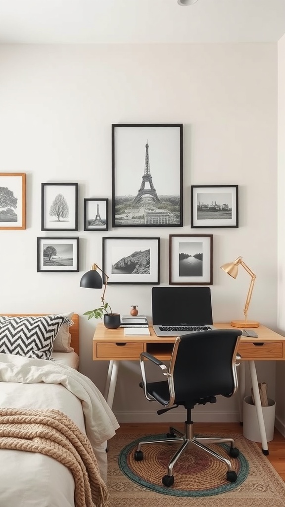 Cozy guest bedroom and home office combo featuring a bed, desk with computer, and framed wall art.