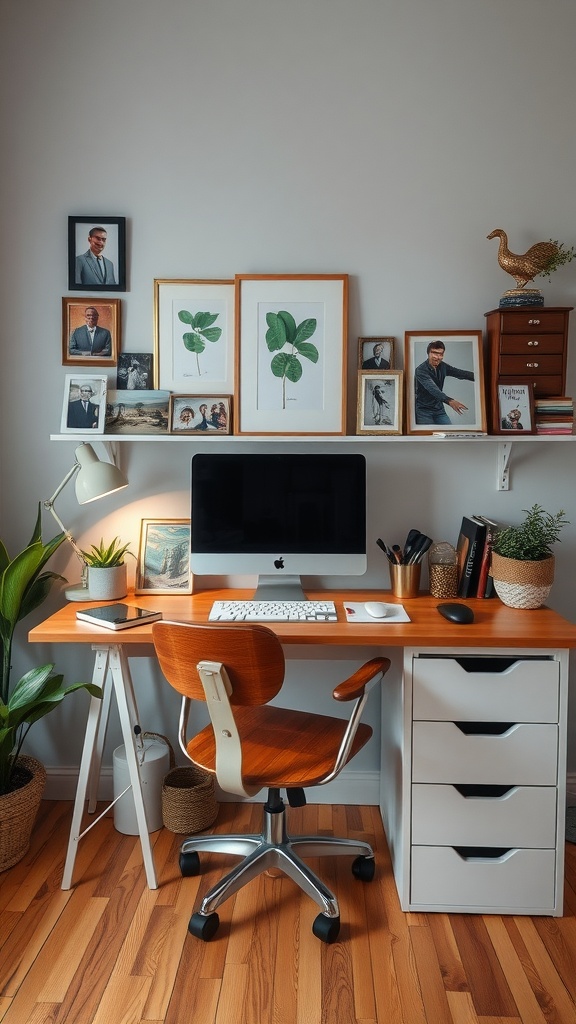 A cozy home office with a wooden desk, computer, framed photos, plants, and decorative items.