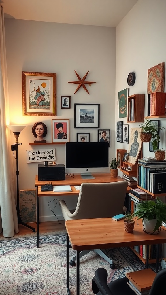 A cozy home office with various pieces of artwork on the walls and plants, creating a personal touch.
