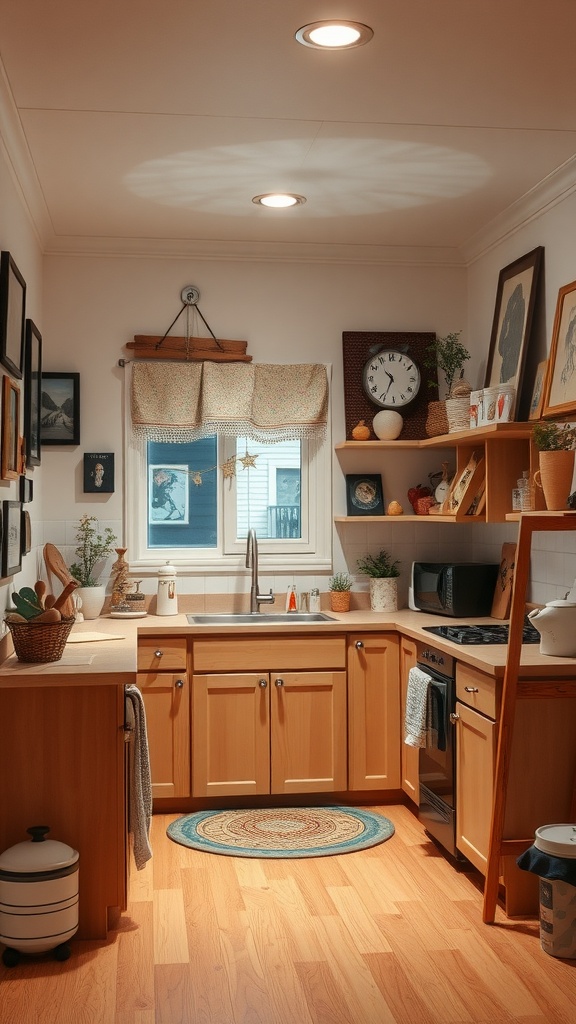 A cozy U-shaped kitchen featuring wooden cabinets, plants, and decorative elements.