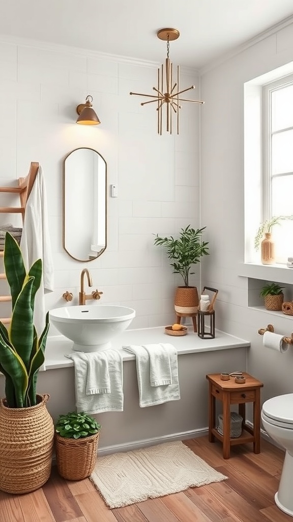 A beautifully designed bathroom with modern fixtures, plants, and cozy decor.
