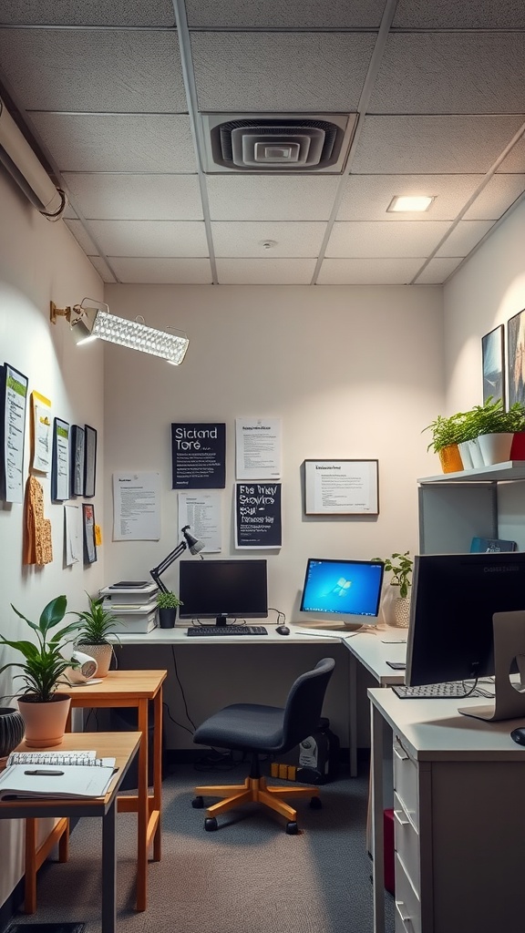 A small office interior with adjustable lighting, featuring a desk lamp, overhead lights, and plants.