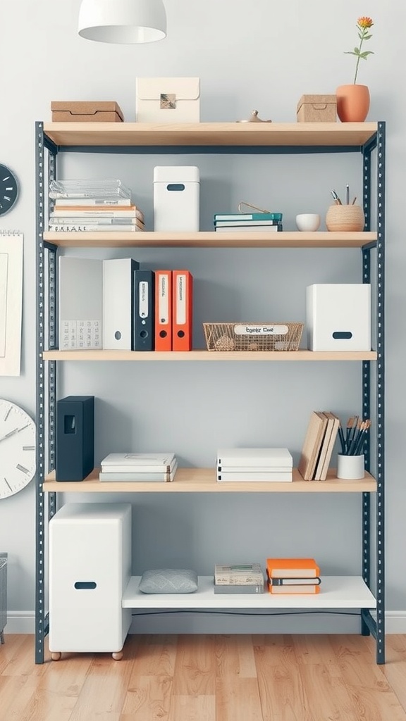 Adjustable shelving unit with books, storage boxes, and decorative items.