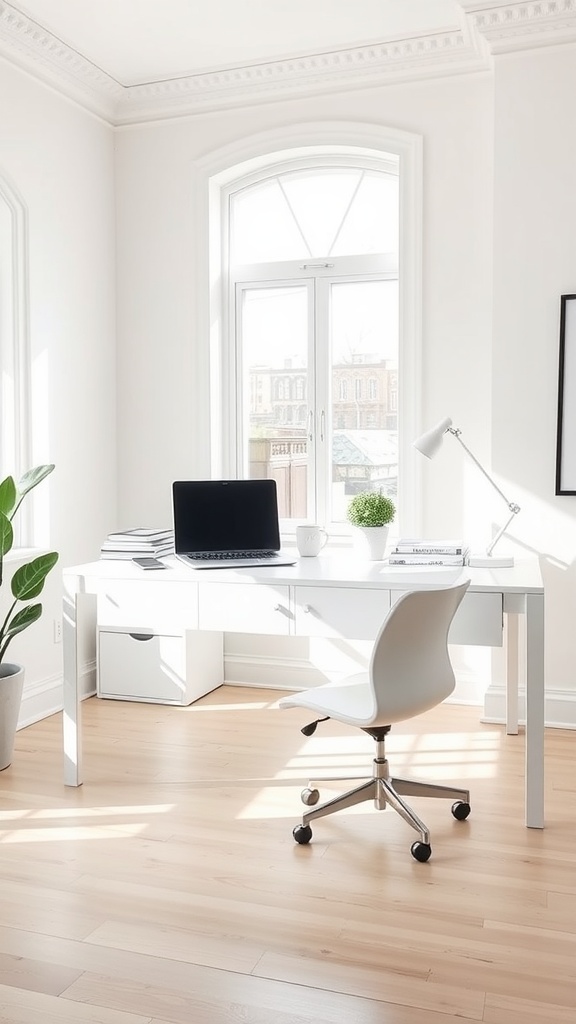 Minimalist home office with a white desk, ergonomic chair, laptop, and large windows