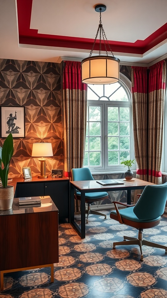 A home office featuring Art Deco decor with patterned wallpaper, elegant lighting, and stylish furniture.