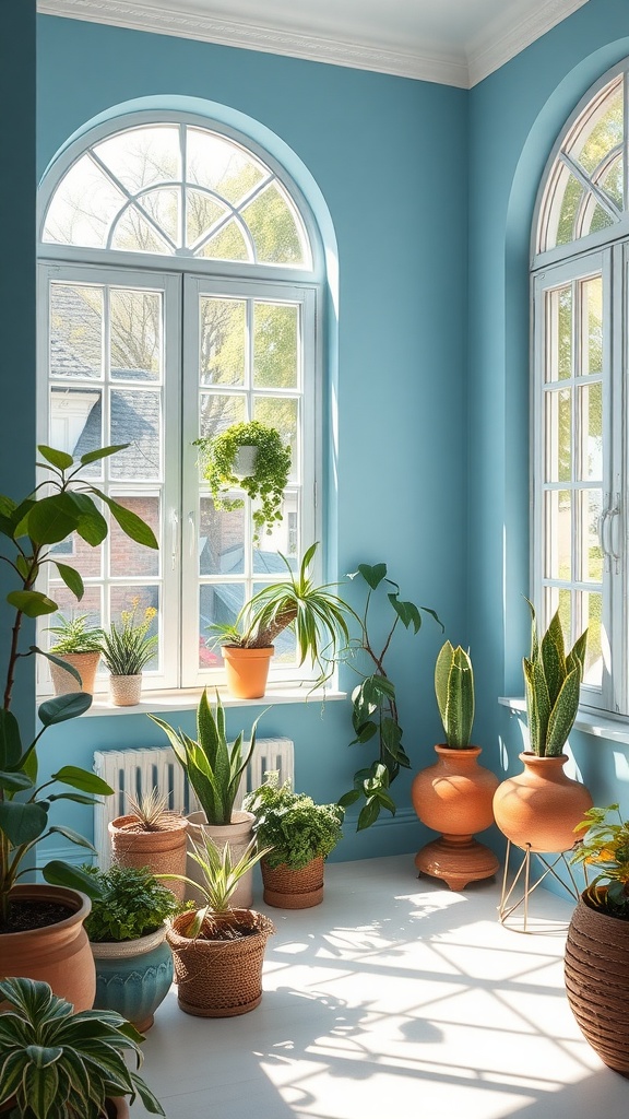 A bright room with Aegean Blue walls and various plants in pots
