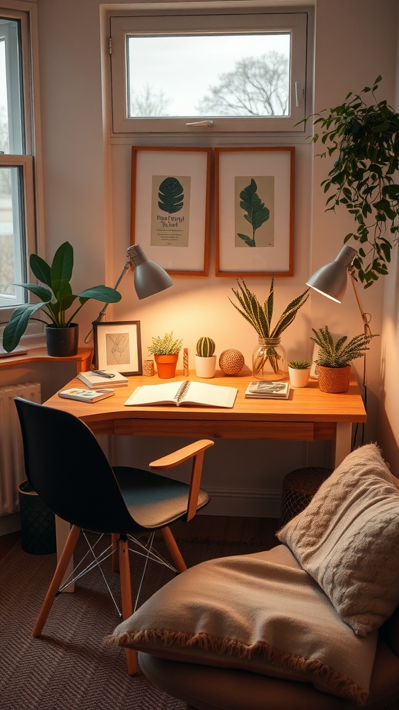 A cozy desk setup featuring a wooden desk adorned with plants, a notebook, and warm lighting.