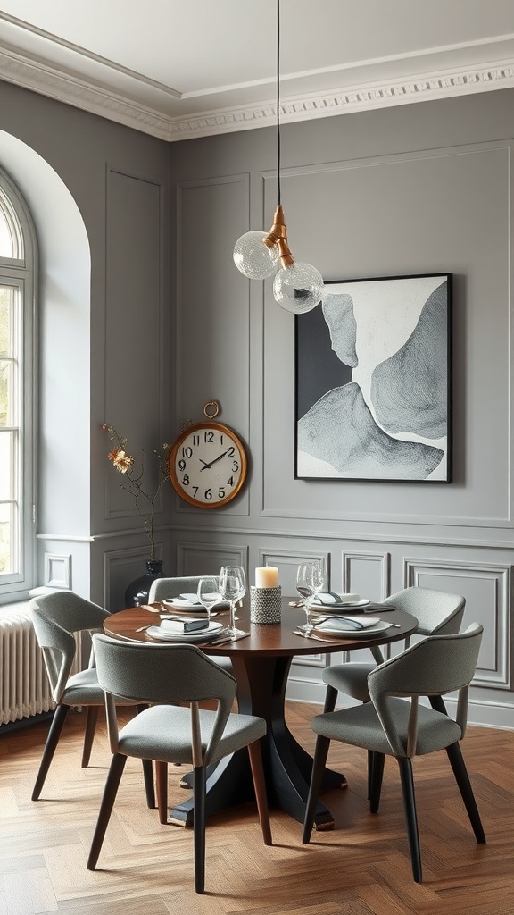 A dining area featuring Aesthetic Gray walls, a round wooden table, stylish gray chairs, and artistic decor.