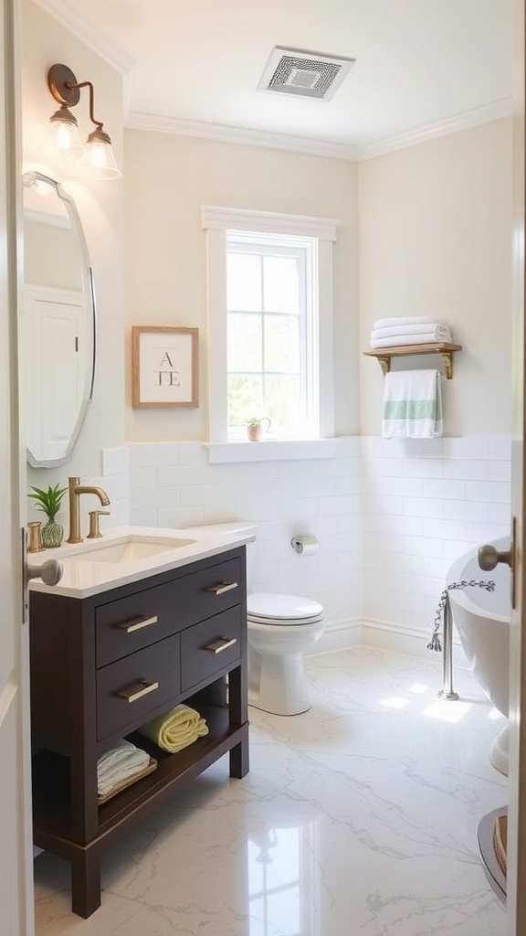 A stylish master bathroom featuring a dark wood vanity, white marble flooring, and natural light coming through a window.