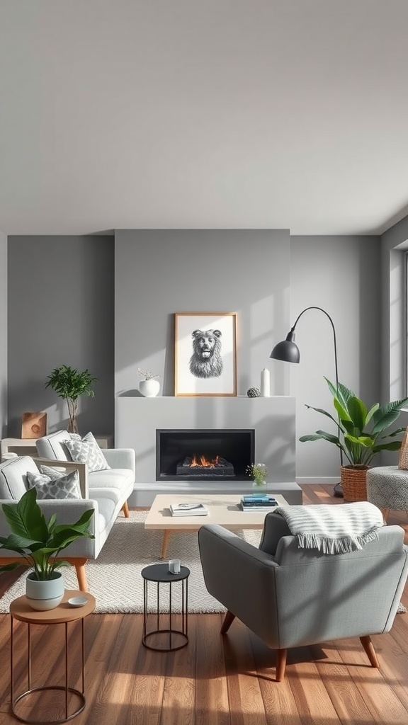 A cozy living room featuring Agreeable Gray walls, light furniture, and plants.