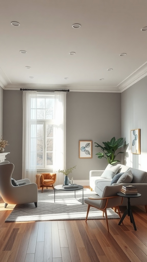 Living room featuring Agreeable Gray paint color on the walls, with modern furniture and large windows.