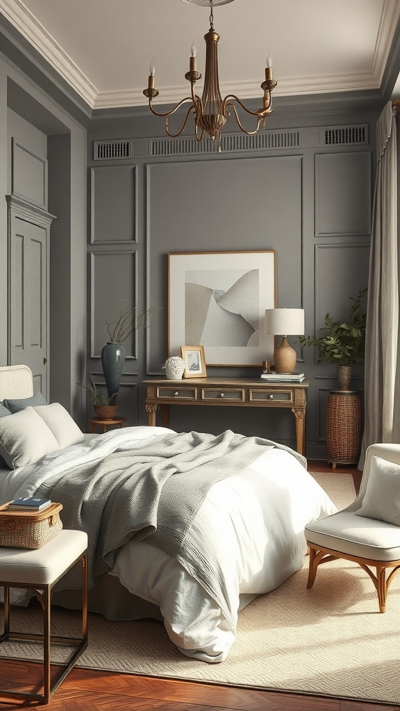 A cozy bedroom featuring Agreeable Gray walls, elegant furniture, and warm lighting.