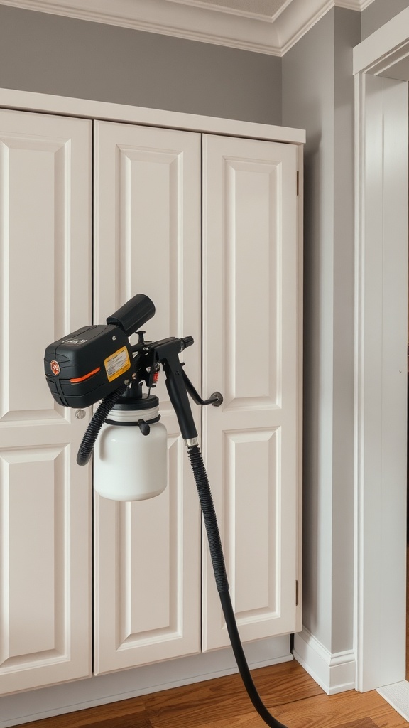 A modern airless paint sprayer next to cream-colored cabinet doors in a stylish room.