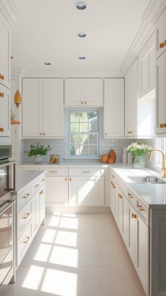 A modern kitchen featuring Sherwin Williams Alabaster paint on cabinets, with gold hardware and bright sunlight.