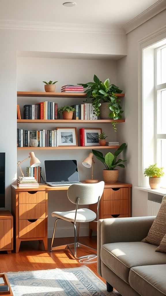A cozy alcove workstation with a wooden desk, laptop, and shelves filled with books and plants.