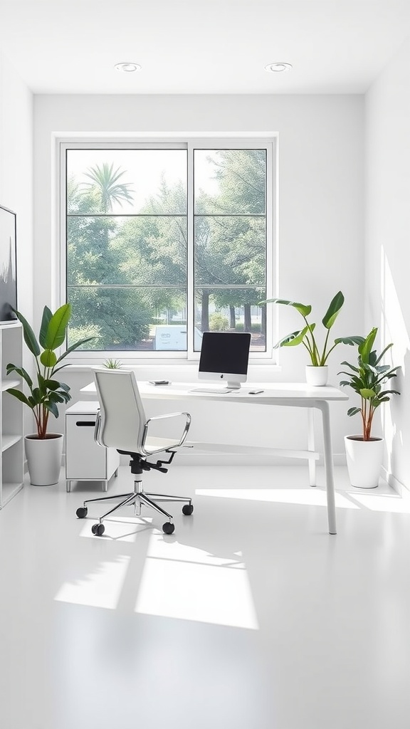 Minimalist all-white home office with plants and a desk by a large window