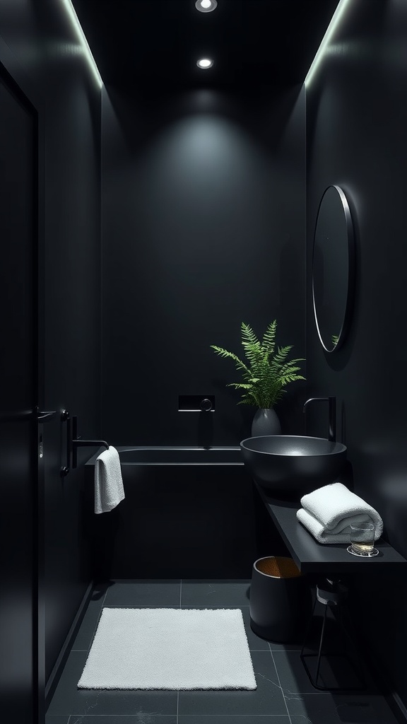 A modern bathroom painted entirely in black with a fern and white accents.