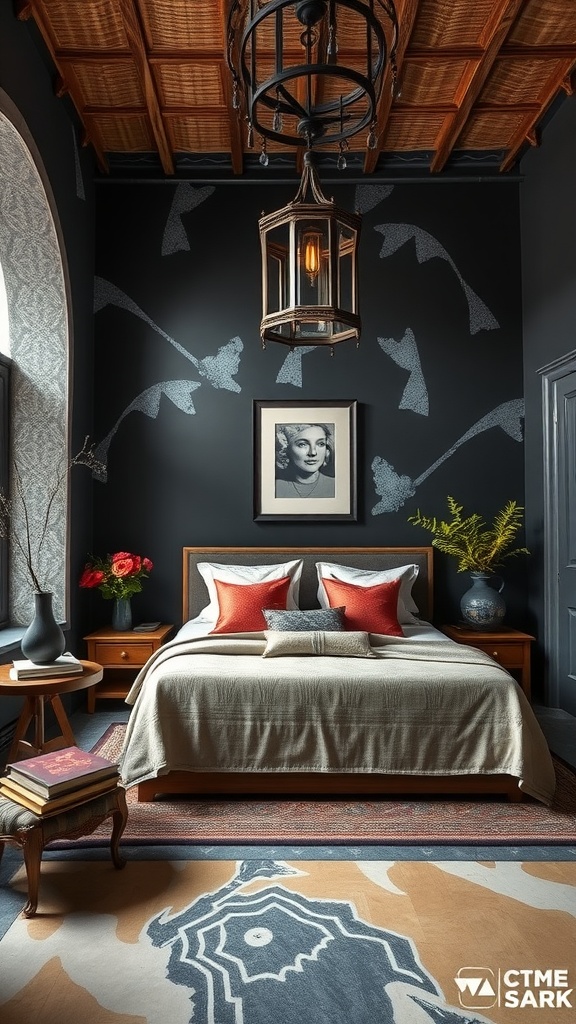 A dark and moody bedroom with wooden ceiling beams, a lantern light fixture, and decorative floral wallpaper.