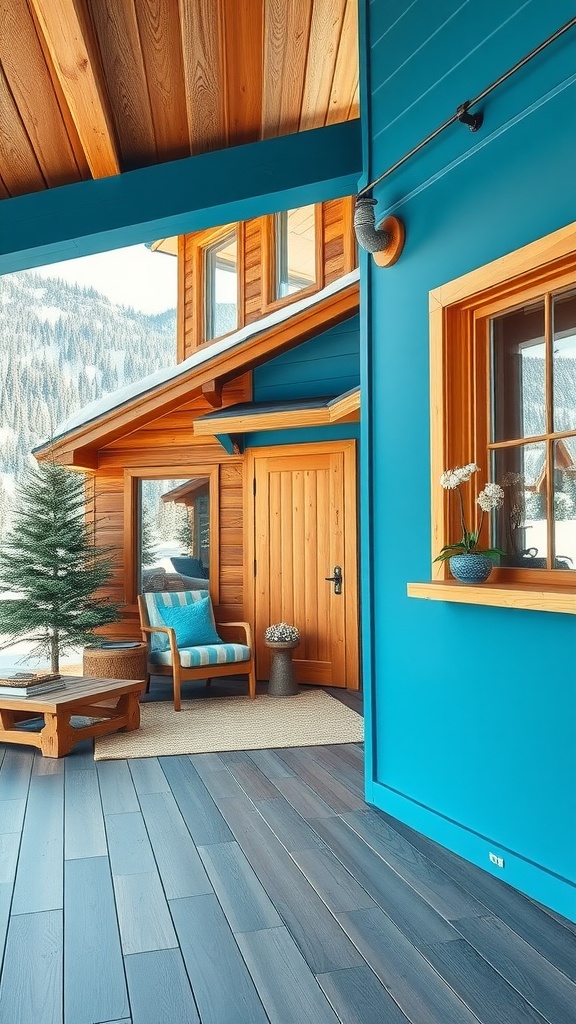 A vibrant Alpine Blue painted entryway with wooden accents and natural decor
