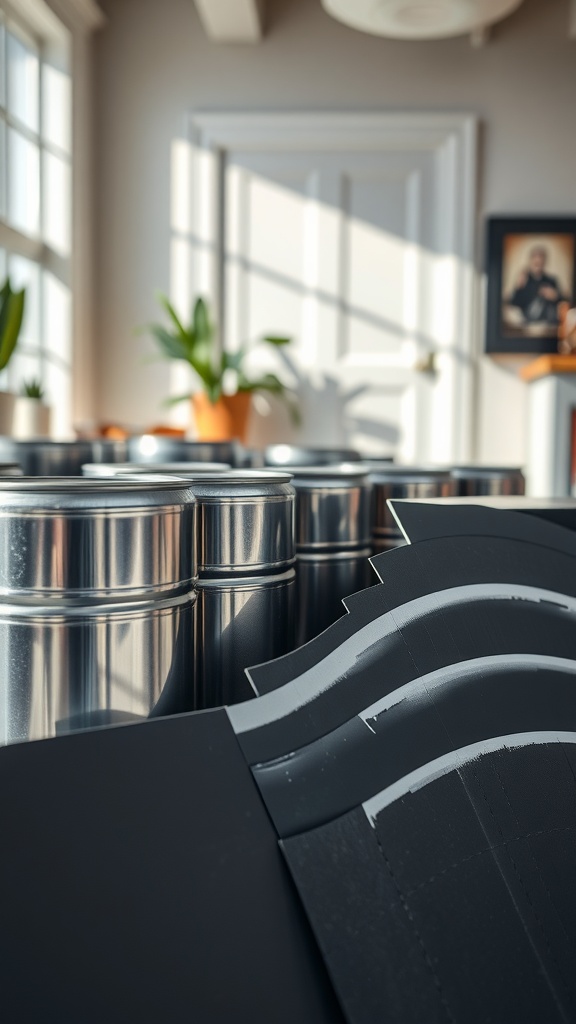 Paint samples in a well-lit room with metal paint cans