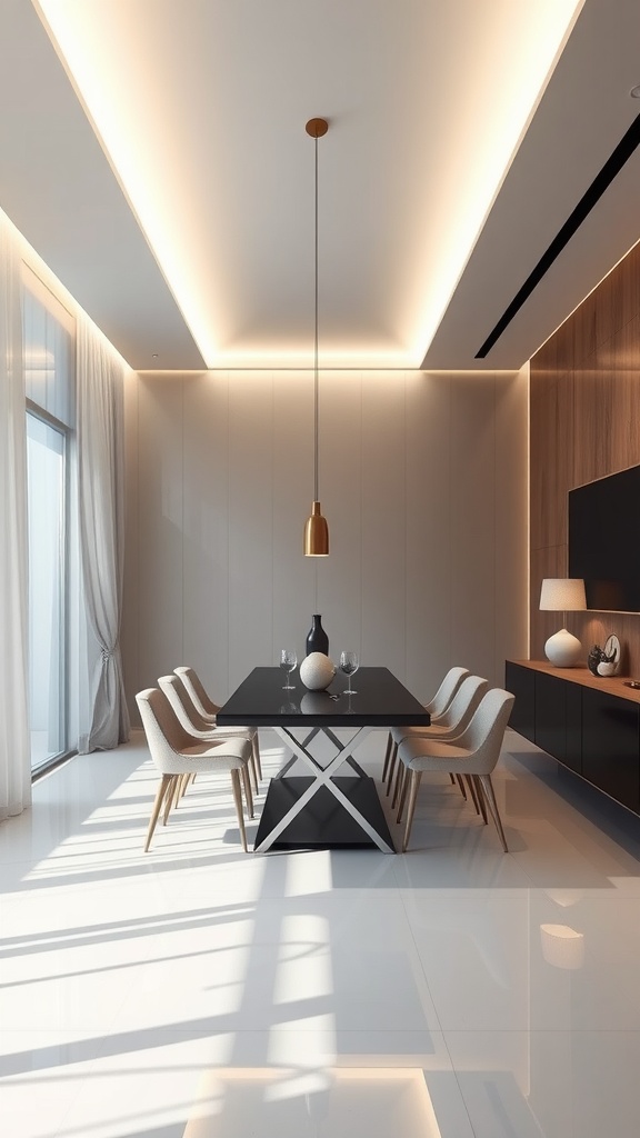 A modern dining room with ambient white backlighting highlighting the ceiling and a stylish table setup.