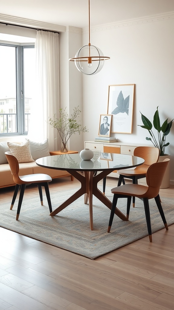 A small living room with a round dining table, comfortable chairs, and ample clearance space.