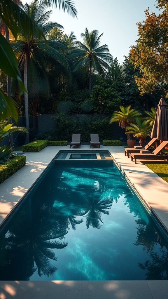 A tranquil rectangular swimming pool surrounded by palm trees and comfortable lounge chairs.