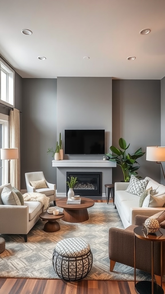 A cozy living room featuring Anew Gray walls with modern furniture and decor.