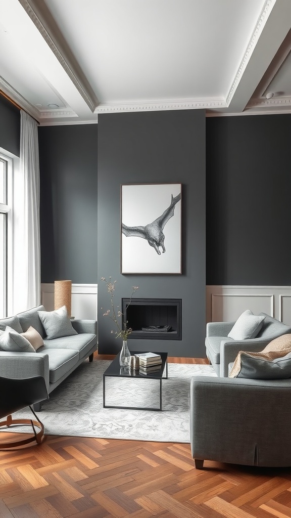 A stylish living room featuring anthracite walls, soft gray sofas, and a wooden floor