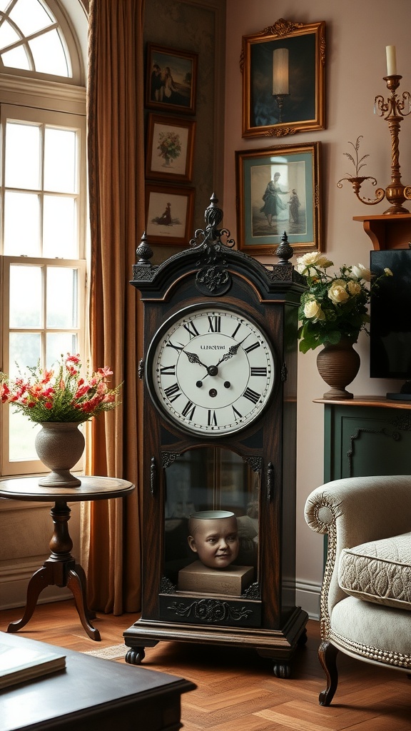 A vintage tall clock with a white face and ornate wooden casing, featuring a unique bust displayed inside, set in an elegant living room.