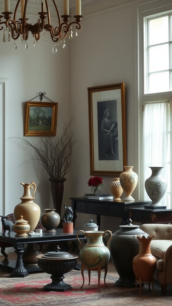 Living room featuring antique decor, including vases and artwork.