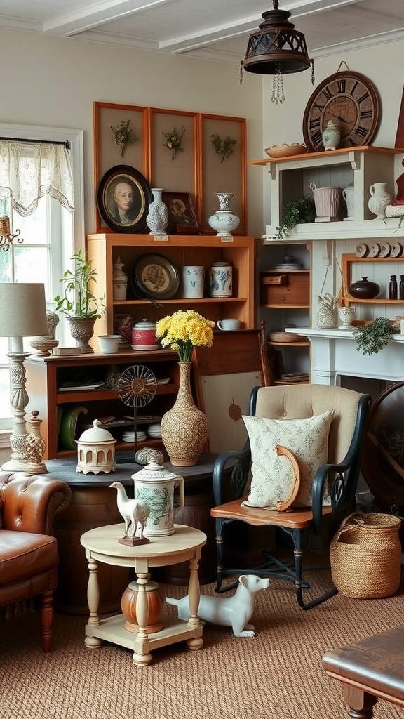 A cozy living room featuring antique decor pieces, including vintage furniture, decorative vases, and artwork.
