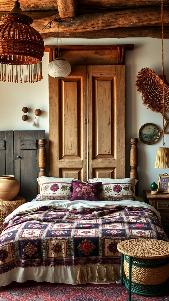 A cozy bedroom featuring an antique wooden door as a headboard, with vibrant pillows and an orange accent wall.