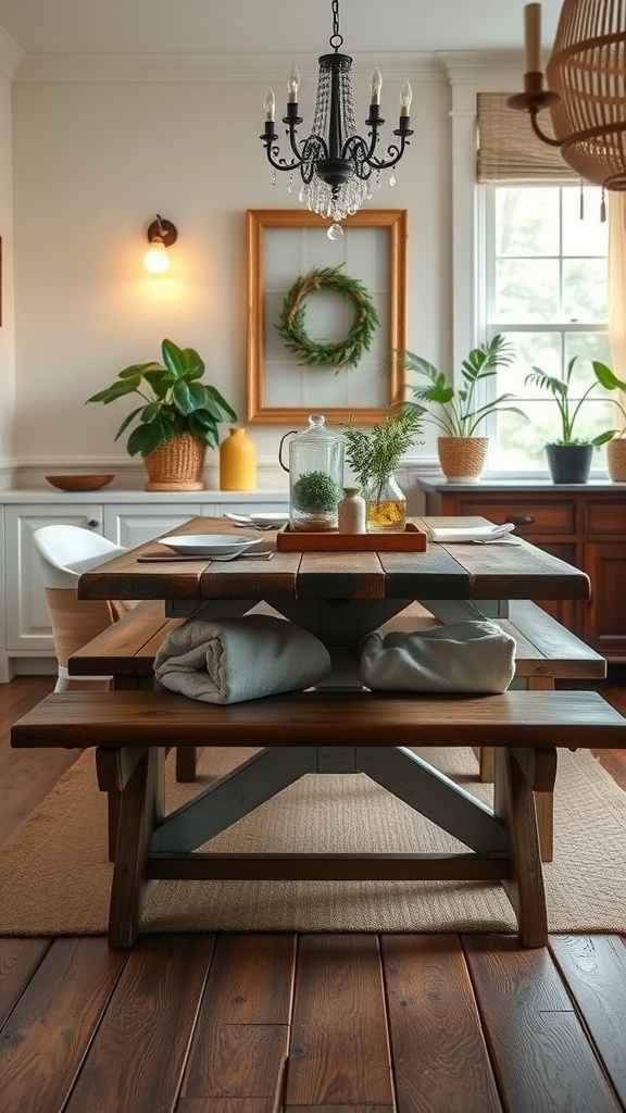 A cozy dining room featuring an antique farmhouse bench, soft blankets, and plants.