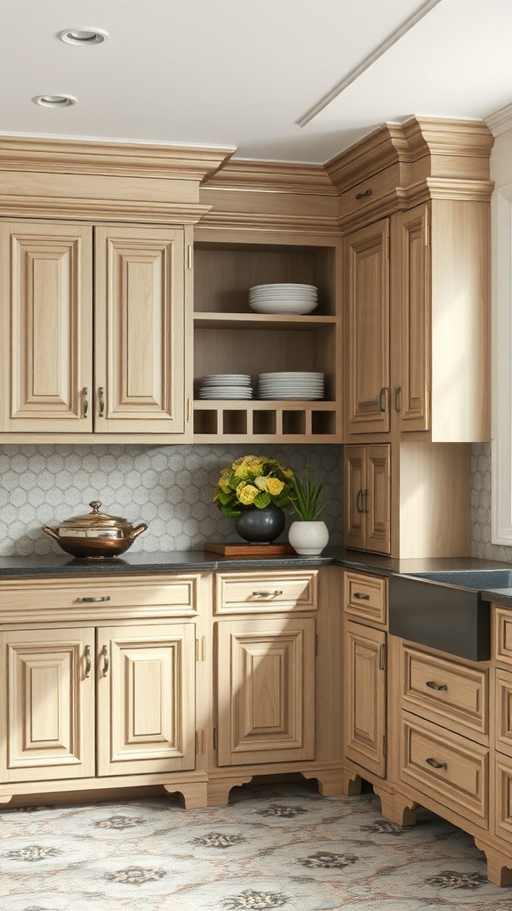 Kitchen cabinets with an antique finish in a cozy setting