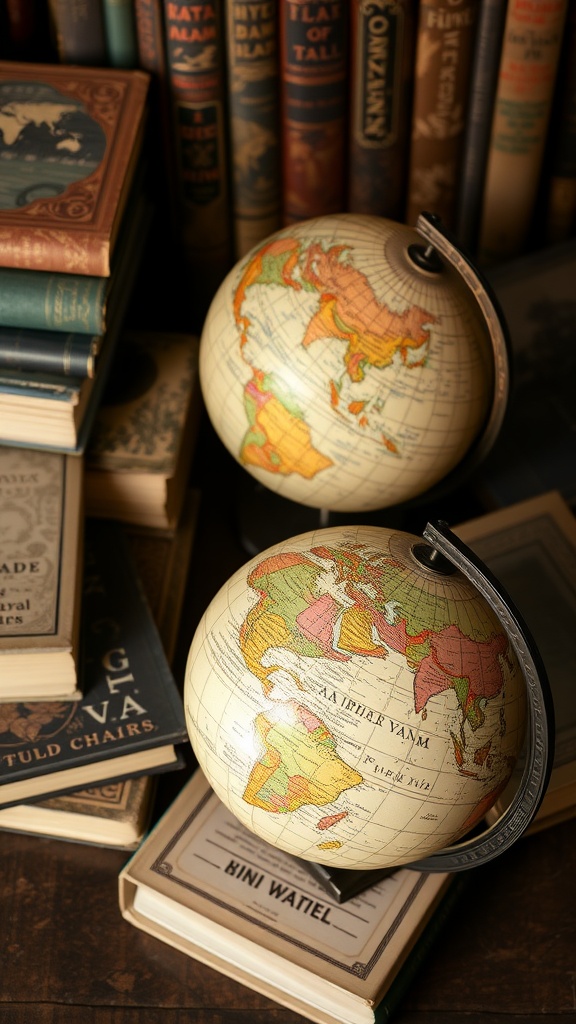 An antique globe next to stacks of travel books on a wooden surface