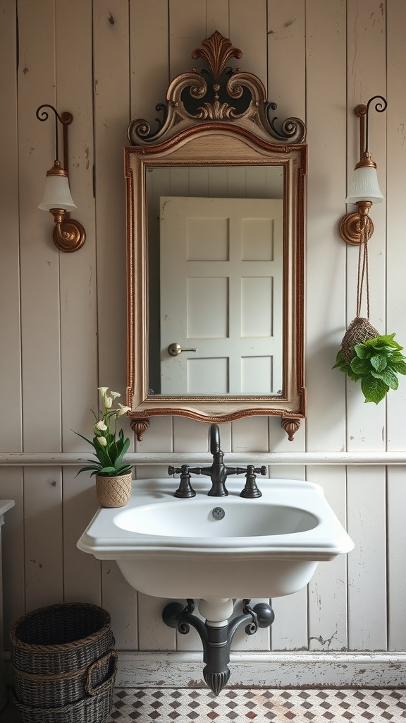 A stylish farmhouse bathroom featuring an antique mirror above a sink, with elegant light fixtures and plants.
