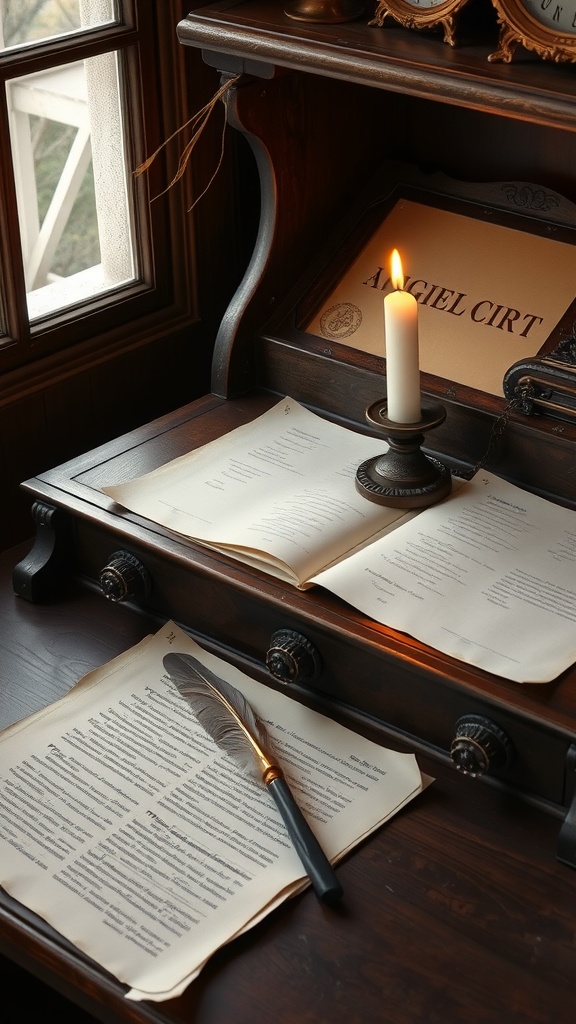 An antique writing desk with quills and papers, illuminated by candlelight.