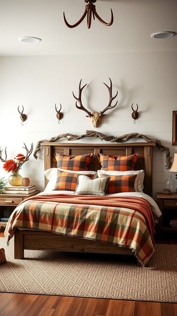 Cozy rustic bedroom featuring antler decor accents, plaid blankets, and a warm color palette.