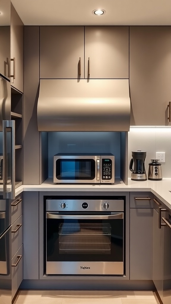 Modern small apartment kitchen with an appliance garage featuring a roll-up door that hides countertop appliances