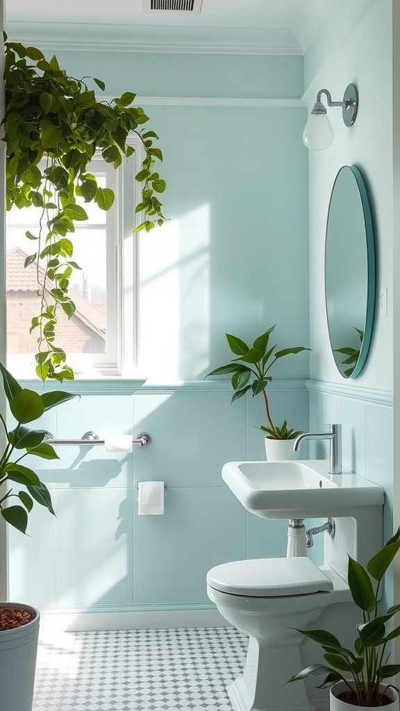 Aqua bathroom with light walls, white fixtures, and indoor plants