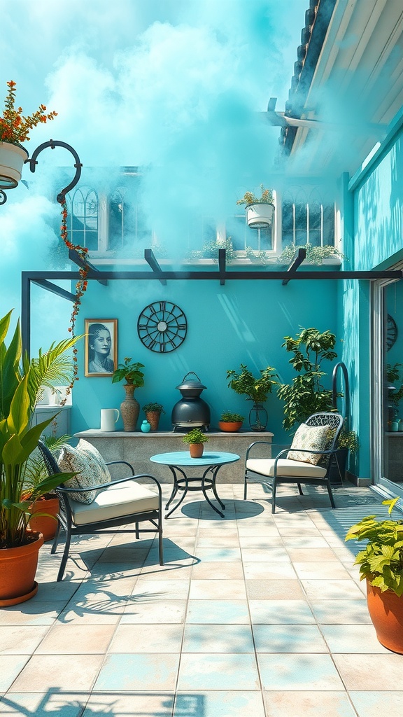 A cozy outdoor patio with Aqua Smoke walls, featuring plants, seating, and decorative elements.